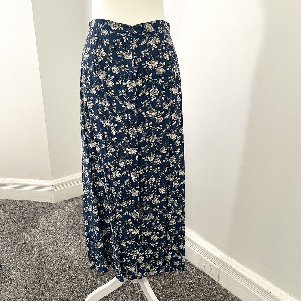 Sostanza Midi Skirt Size Medium Navy White Floral High Waist Button Front